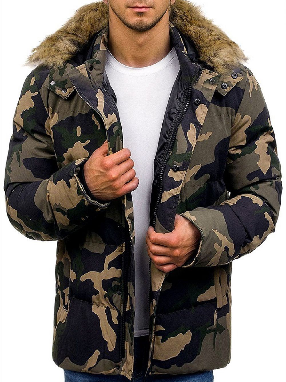 Jaqueta Masculina Casual Camuflagem Com Bolso De Comprimento Médio Com Zíper