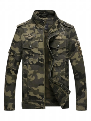 Jaqueta Masculina Misturas De Algodão Camuflagem Gola Zip