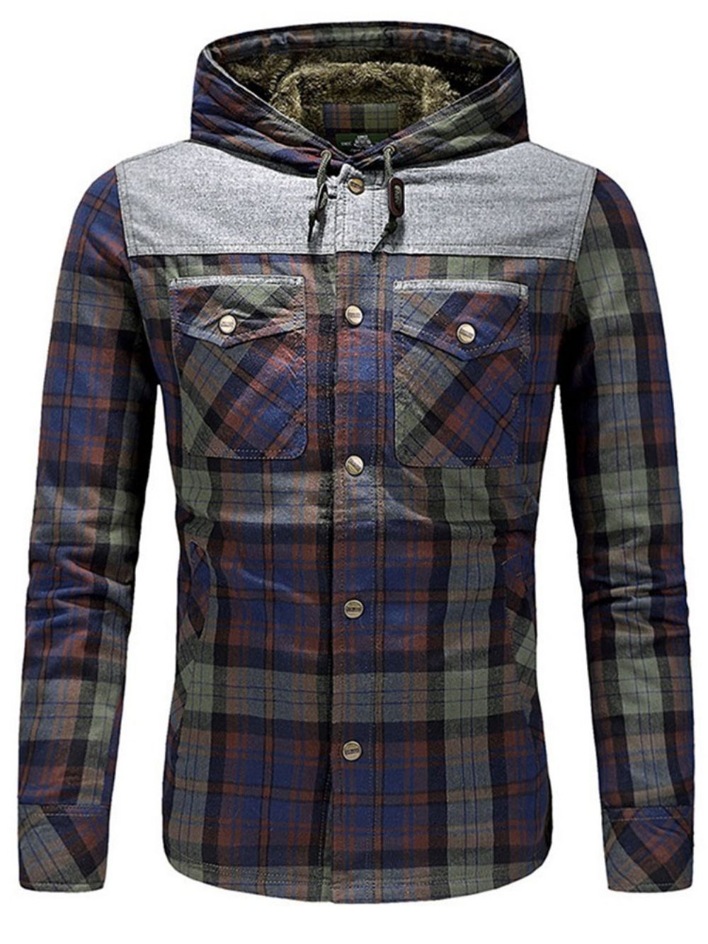 Jaqueta Masculina Xadrez De Lã Patchwork Inverno Casual