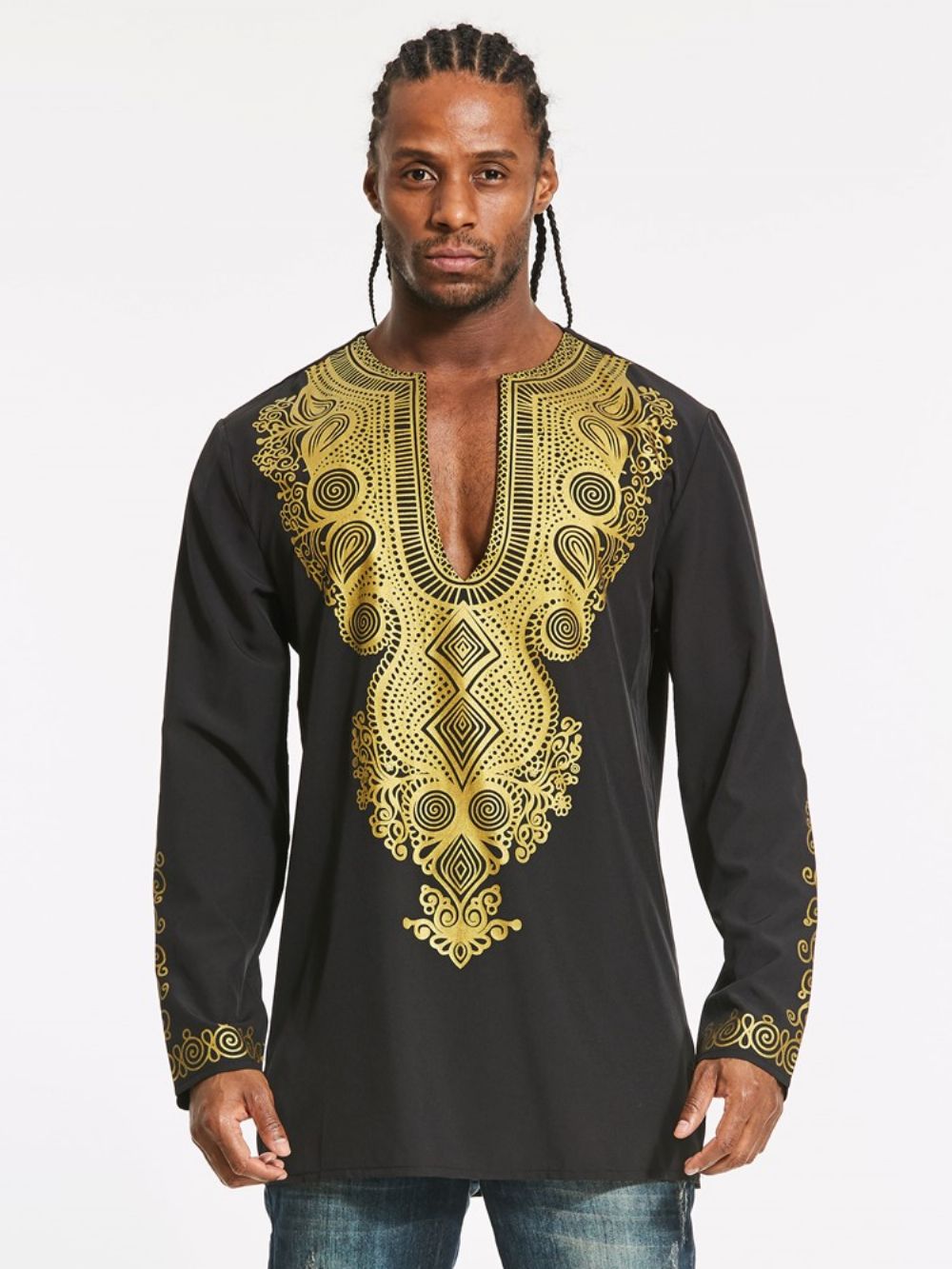 Camisa Masculina Fina Moda Africana Dashiki Color Block Estampa De Comprimento Médio