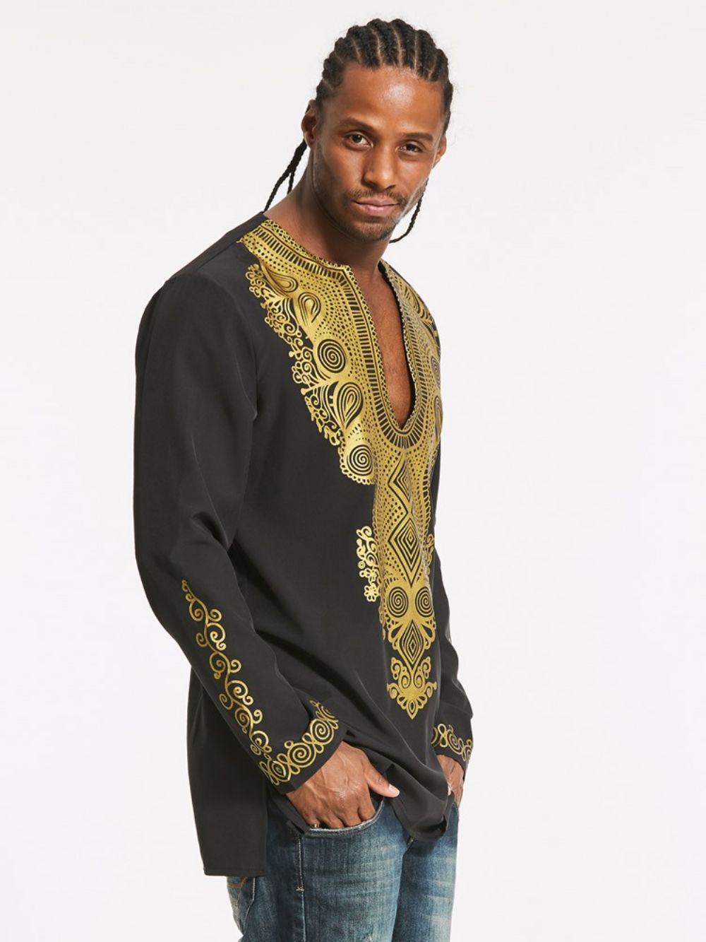 Camisa Masculina Fina Moda Africana Dashiki Color Block Estampa De Comprimento Médio