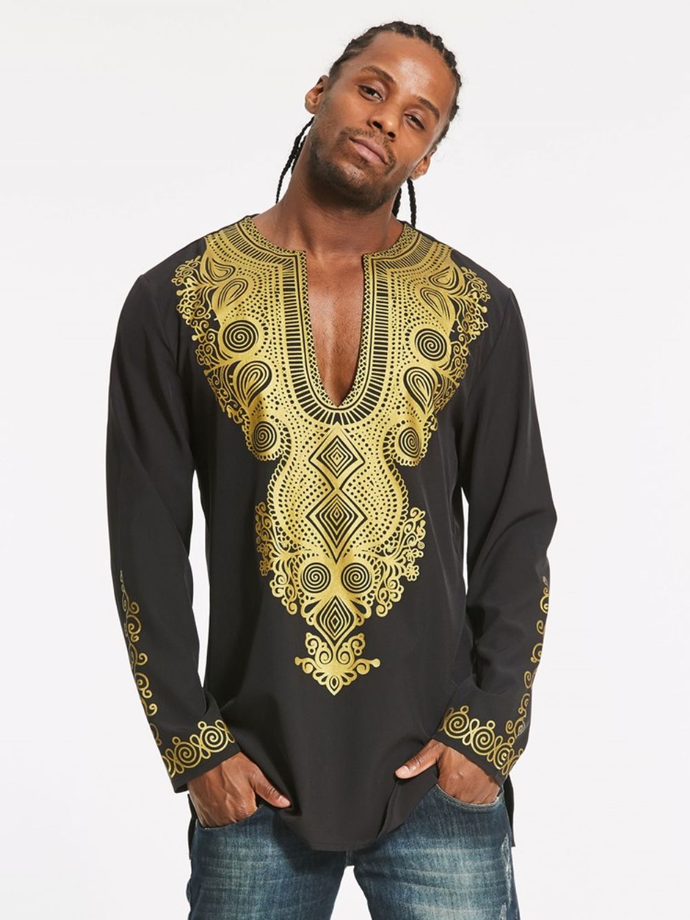 Camisa Masculina Fina Moda Africana Dashiki Color Block Estampa De Comprimento Médio