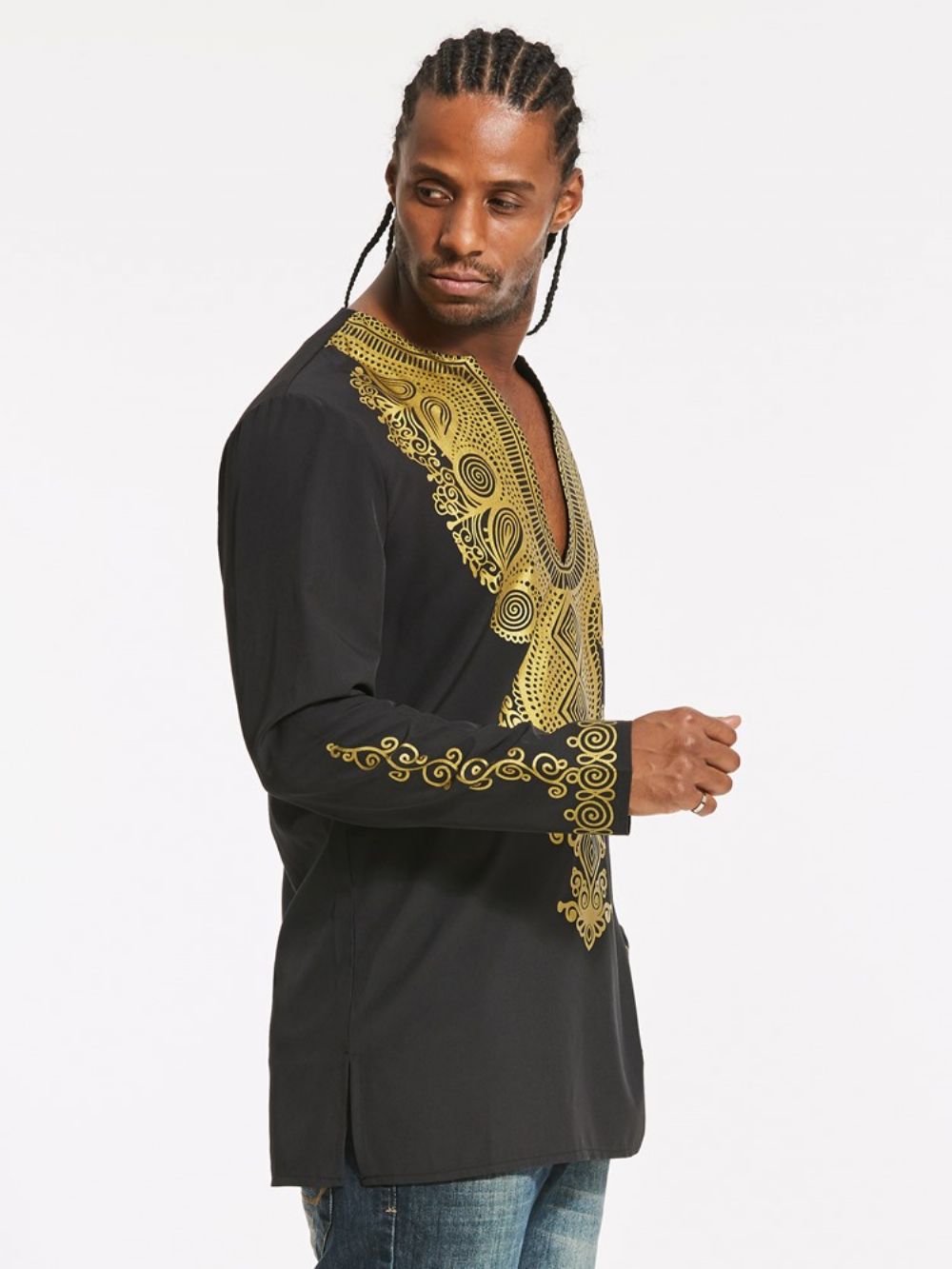 Camisa Masculina Fina Moda Africana Dashiki Color Block Estampa De Comprimento Médio