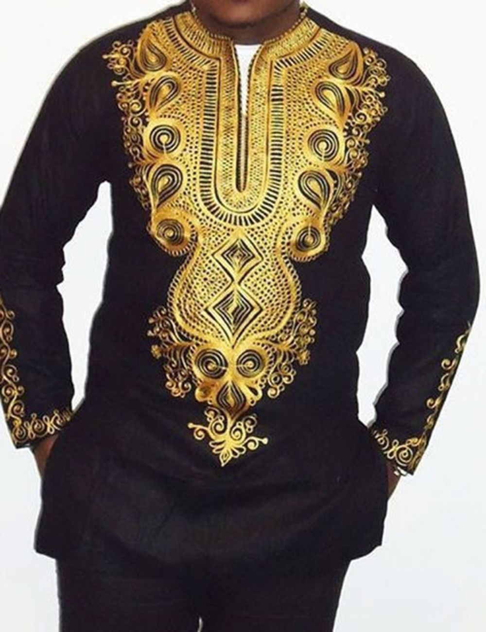 Camisa Masculina Fina Moda Africana Dashiki Color Block Estampa De Comprimento Médio