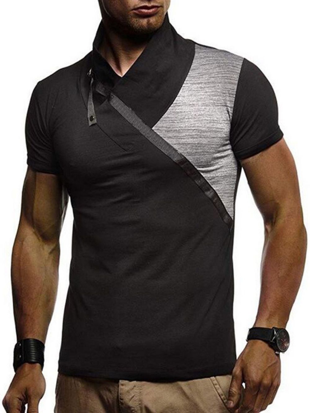 Camiseta Color Block Casual Heap Collar Slim Manga Curta Masculina