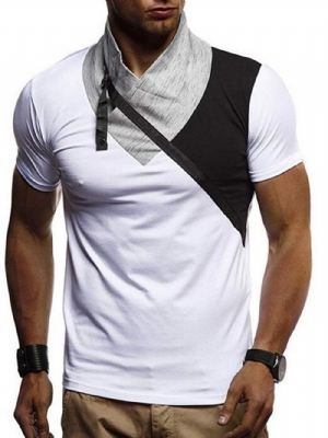 Camiseta Color Block Casual Heap Collar Slim Manga Curta Masculina