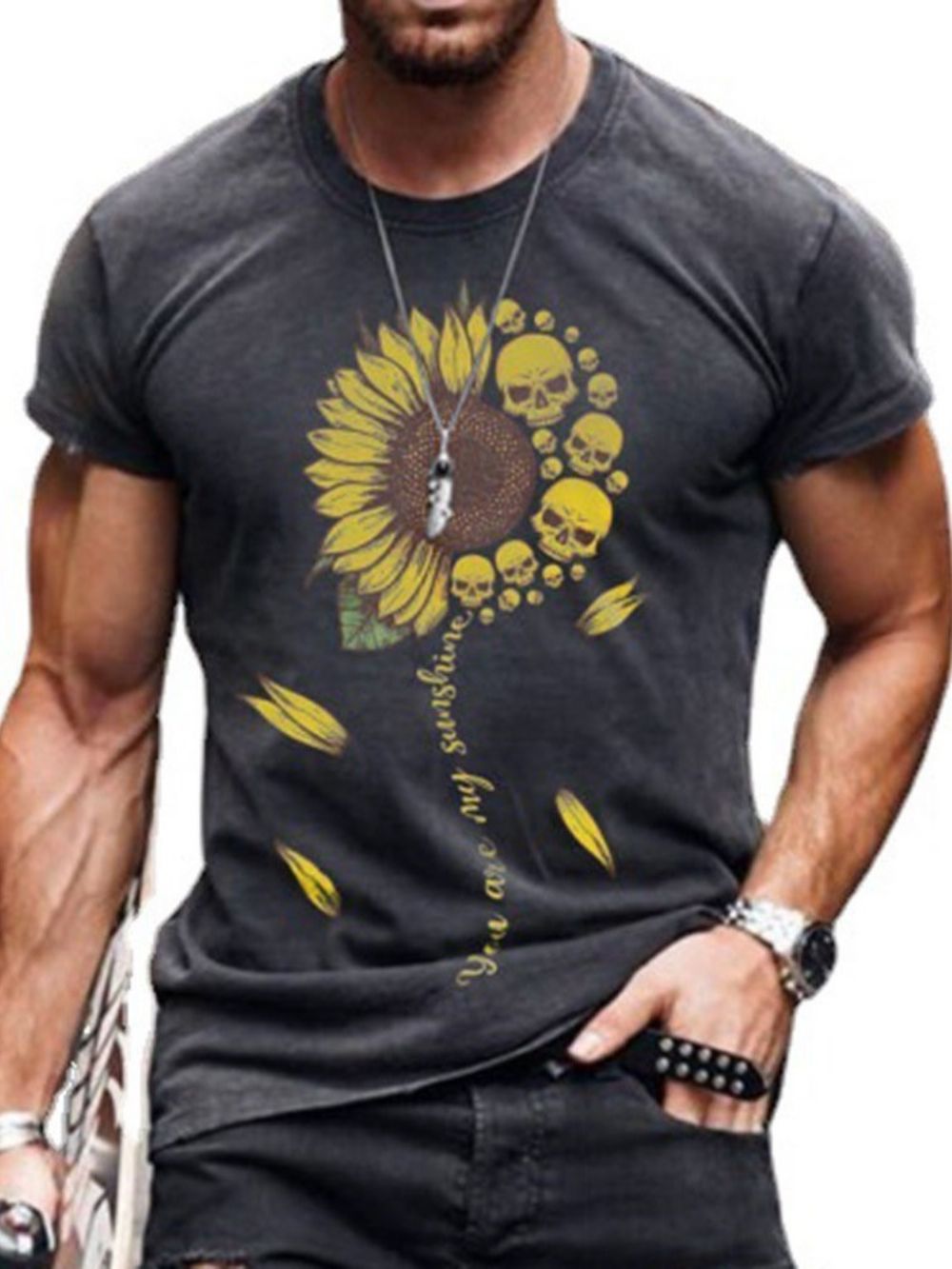 Camiseta Masculina Casual Floral Manga Curta Estampada