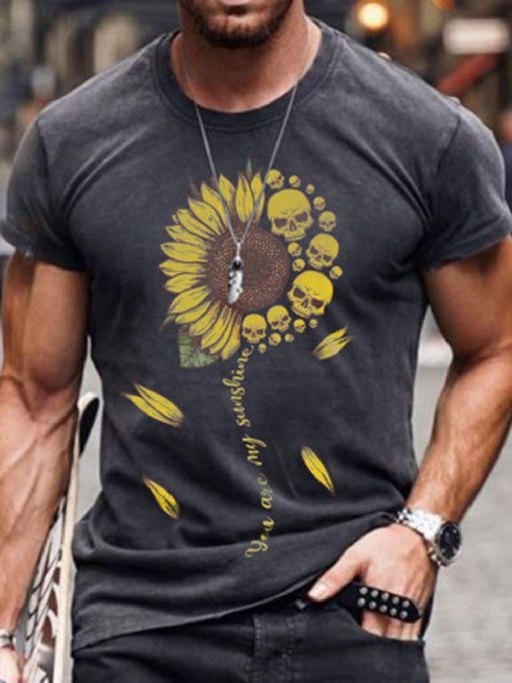 Camiseta Masculina Casual Floral Manga Curta Estampada