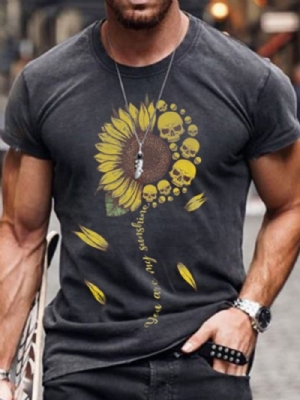 Camiseta Masculina Casual Floral Manga Curta Estampada