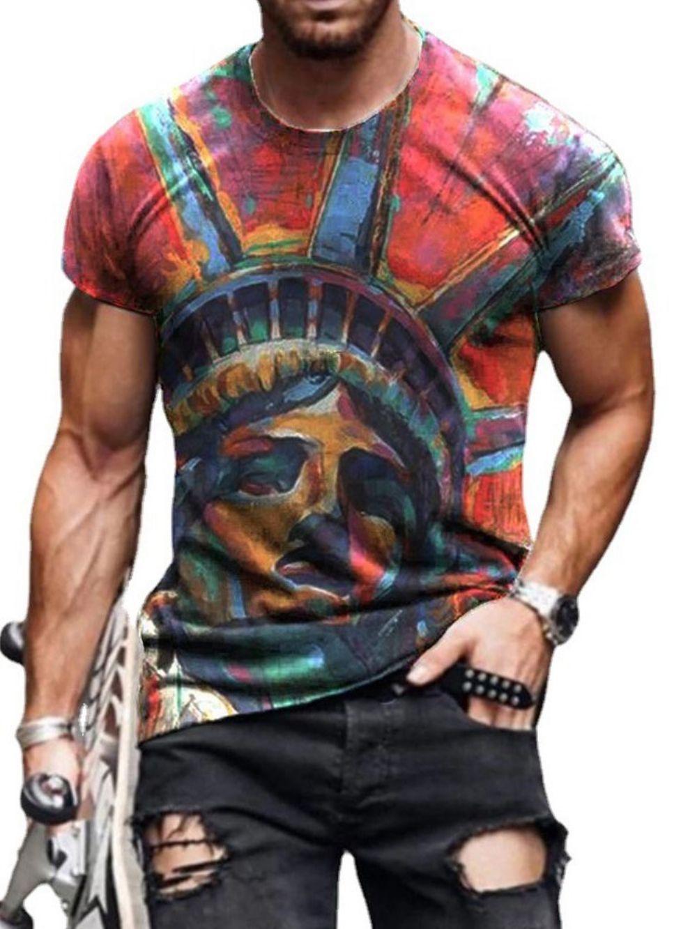 Camiseta Masculina Casual Manga Curta Com Estampa De Gola Redonda