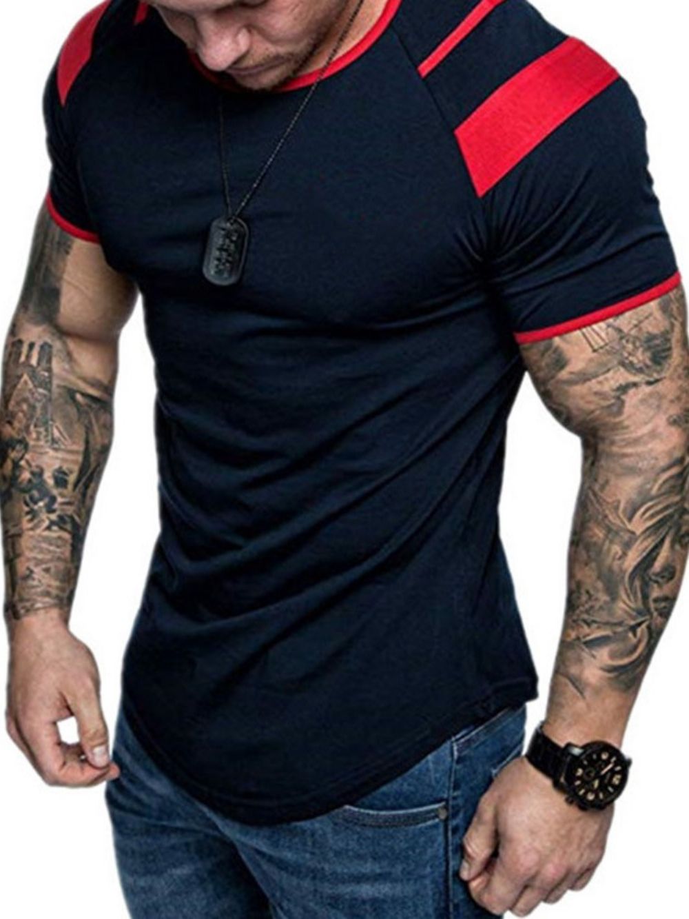 Camiseta Masculina Color Block Gola Redonda Patchwork Manga Curta