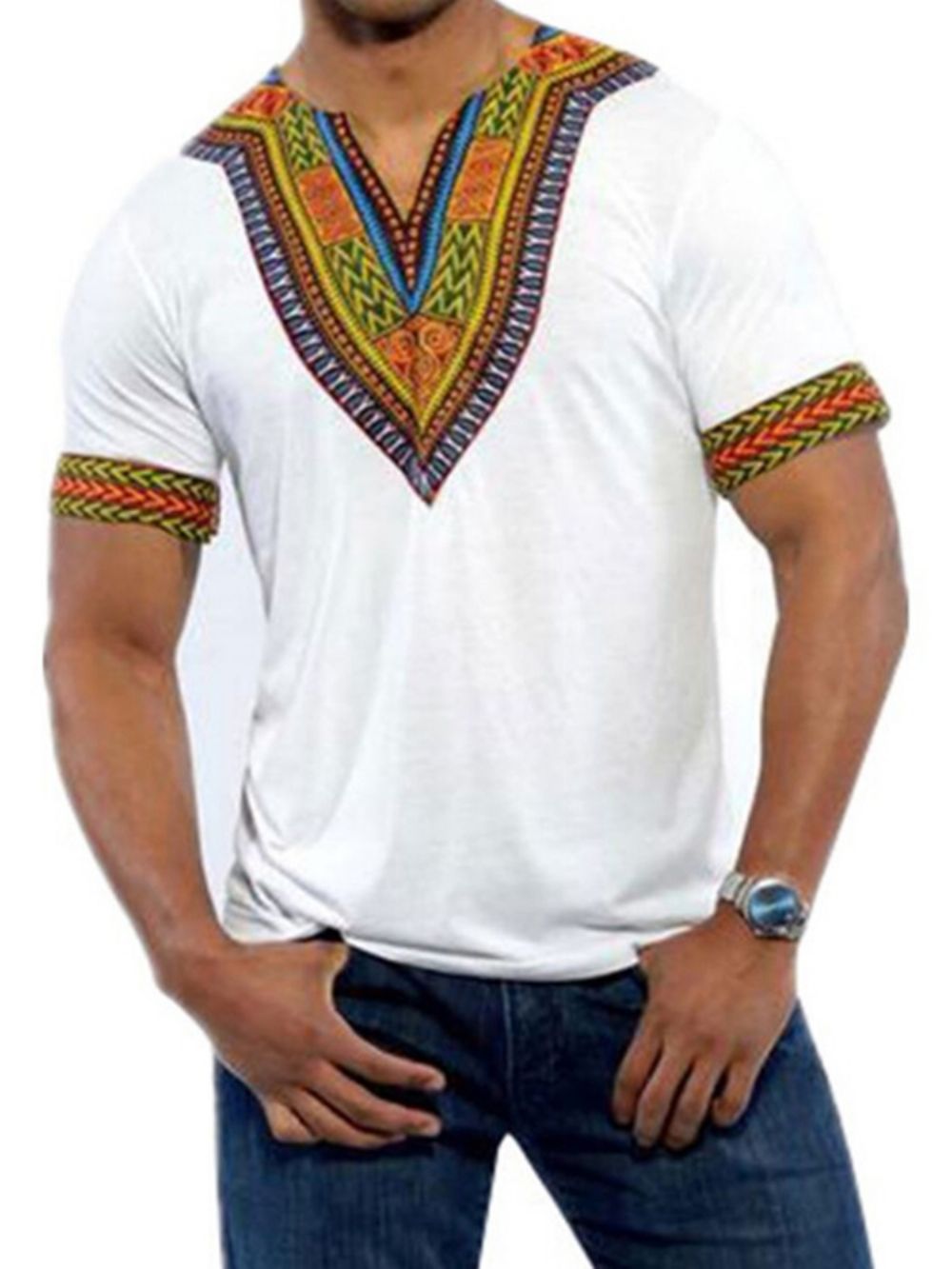 Camiseta Masculina Com Decote Em V E Estampa Dashiki Moda Africana