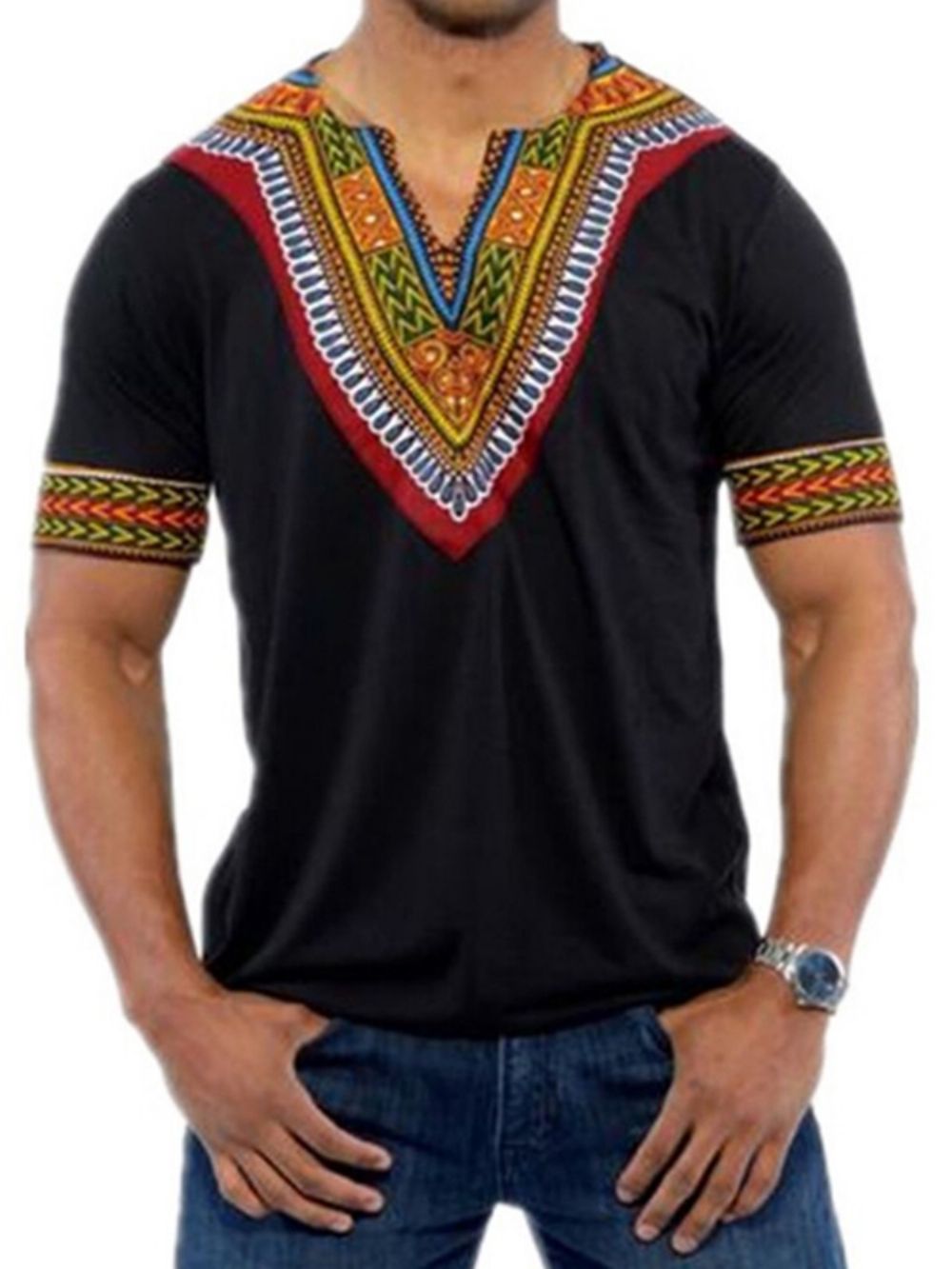 Camiseta Masculina Com Decote Em V E Estampa Dashiki Moda Africana