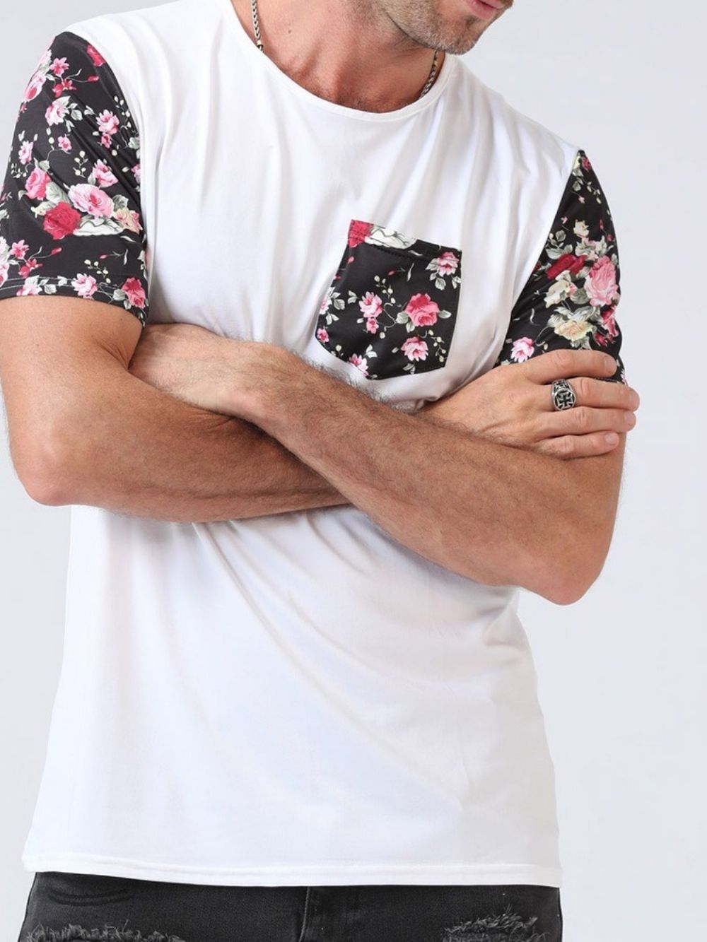 Camiseta Masculina Floral Patchwork Manga Curta Europeia