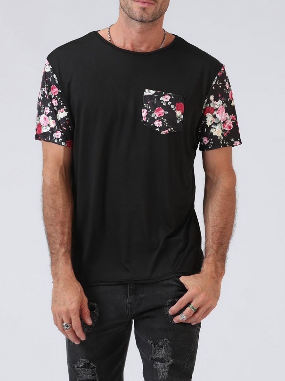 Camiseta Masculina Floral Patchwork Manga Curta Europeia