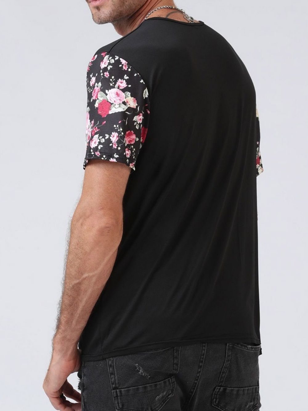 Camiseta Masculina Floral Patchwork Manga Curta Europeia