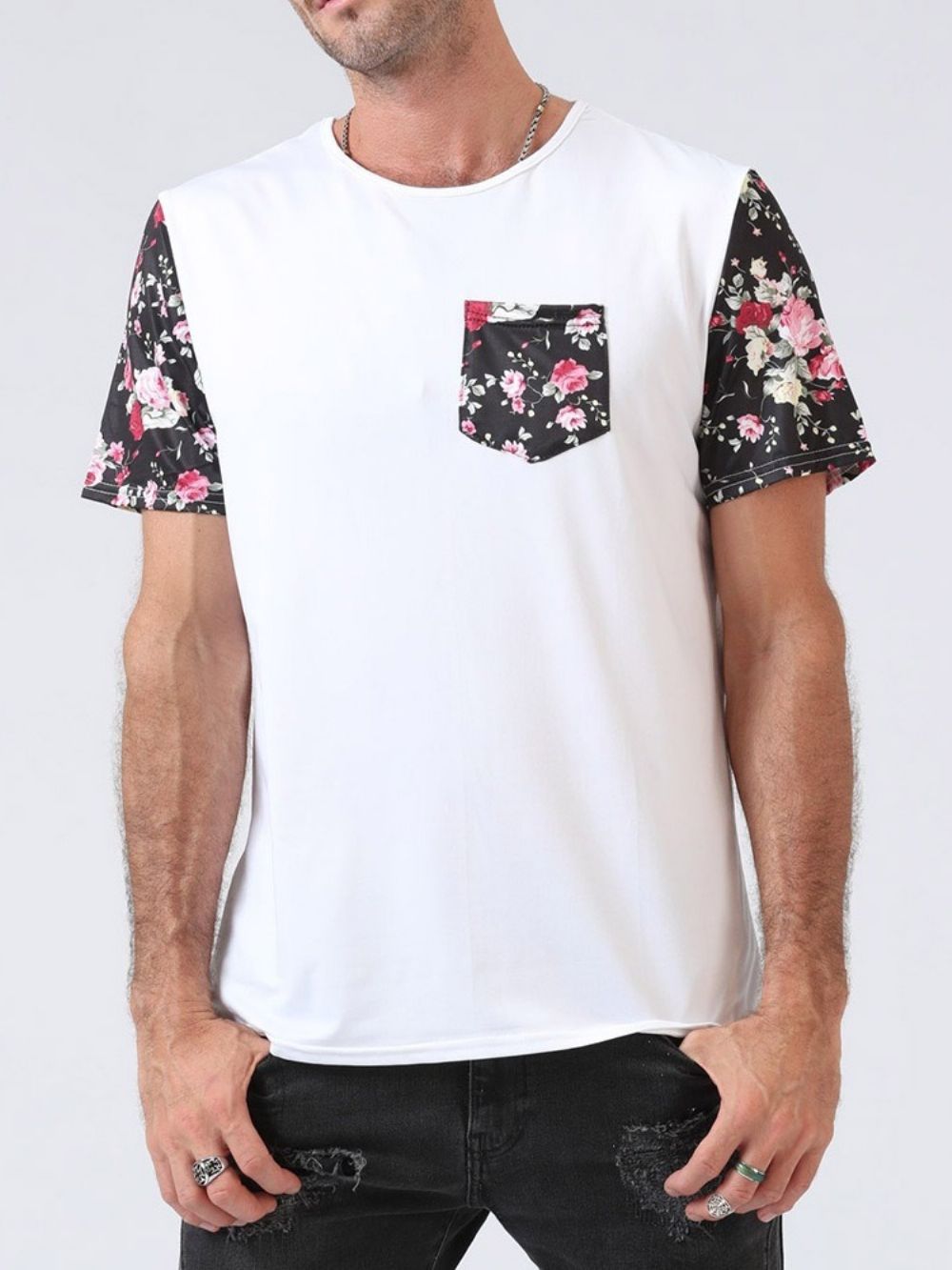 Camiseta Masculina Floral Patchwork Manga Curta Europeia