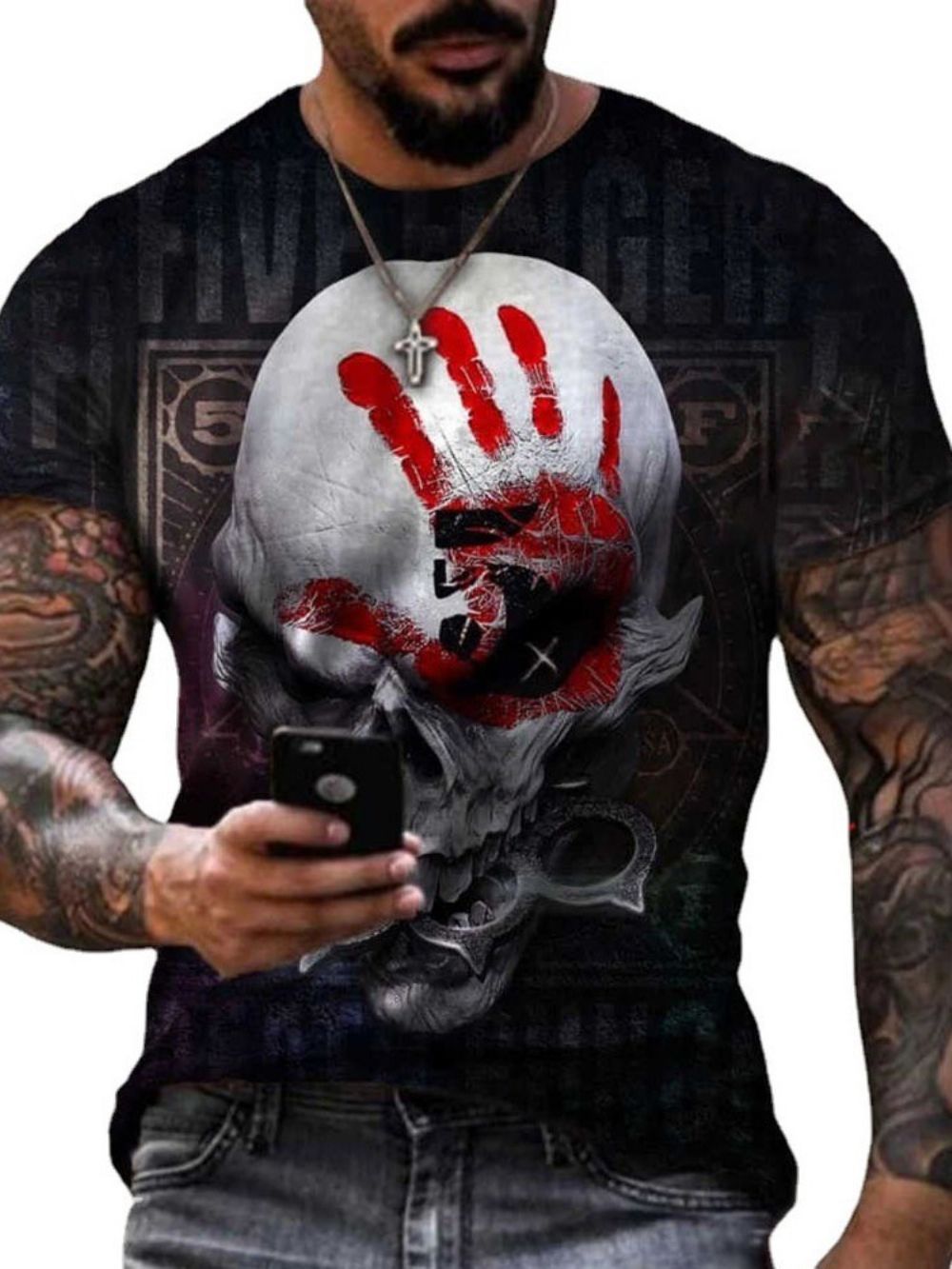 Camiseta Masculina Manga Curta Casual Com Estampa De Caveira