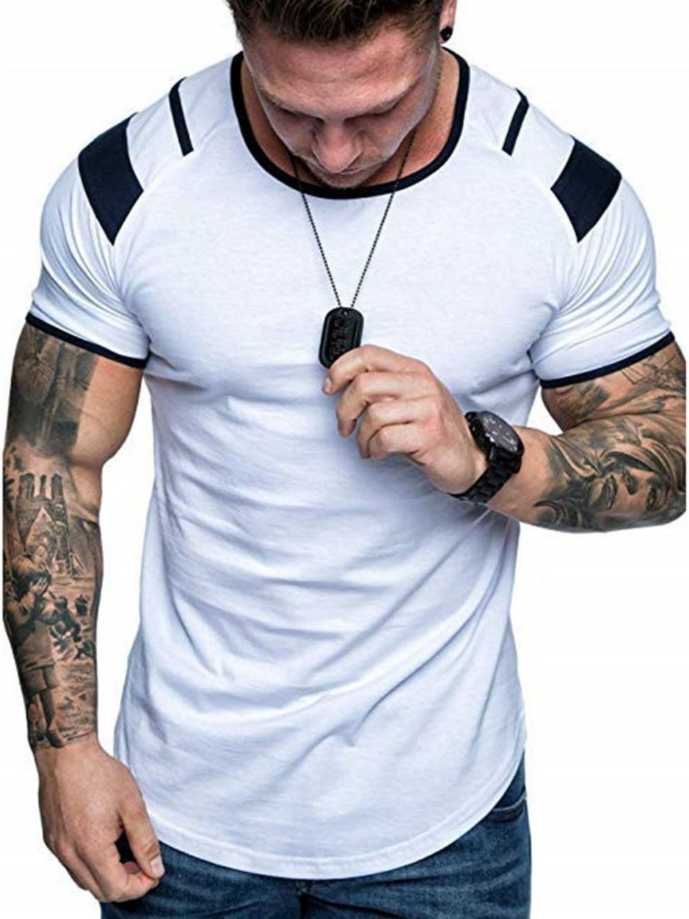 Camiseta Masculina Manga Curta Casual Manga Curta Patchwork Gola Redonda