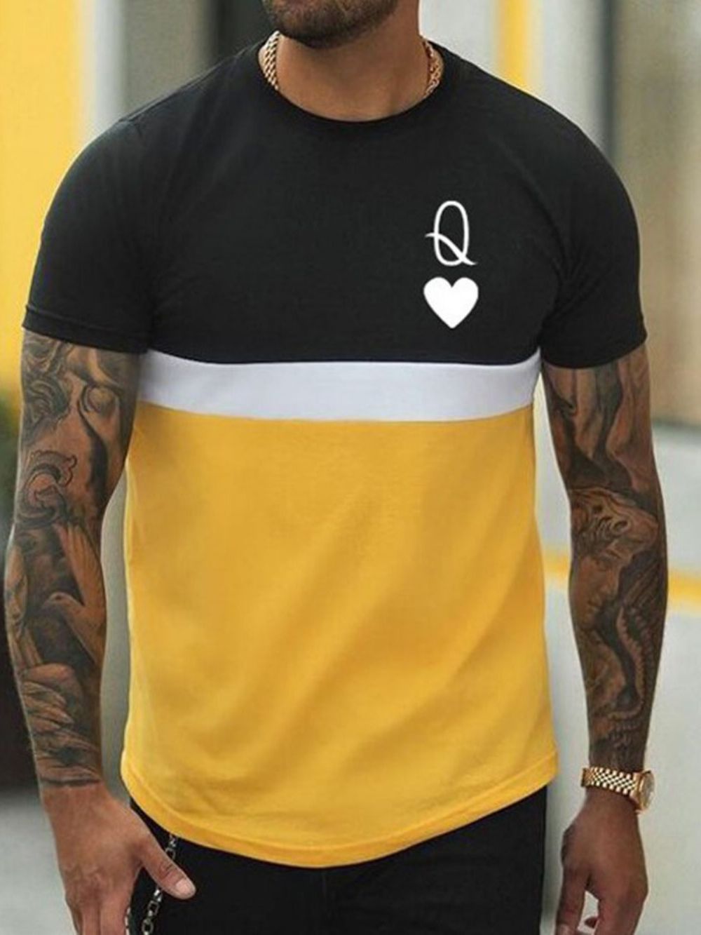 Camiseta Masculina Manga Curta Com Estampa De Gola Redonda Color Block