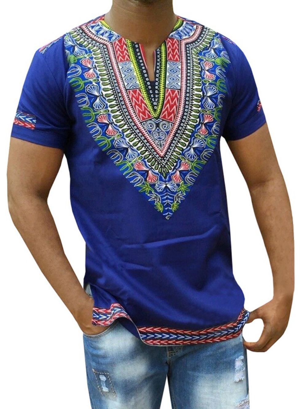 Camiseta Masculina Reta Com Estampa Africana Dashiki Com Decote Em V