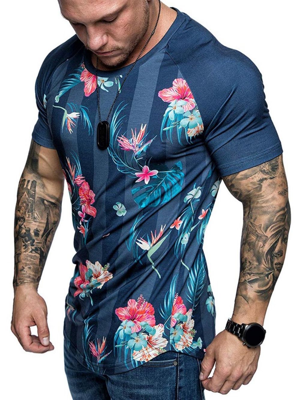 Camiseta Masculina Slim Com Estampa Floral Gola Redonda