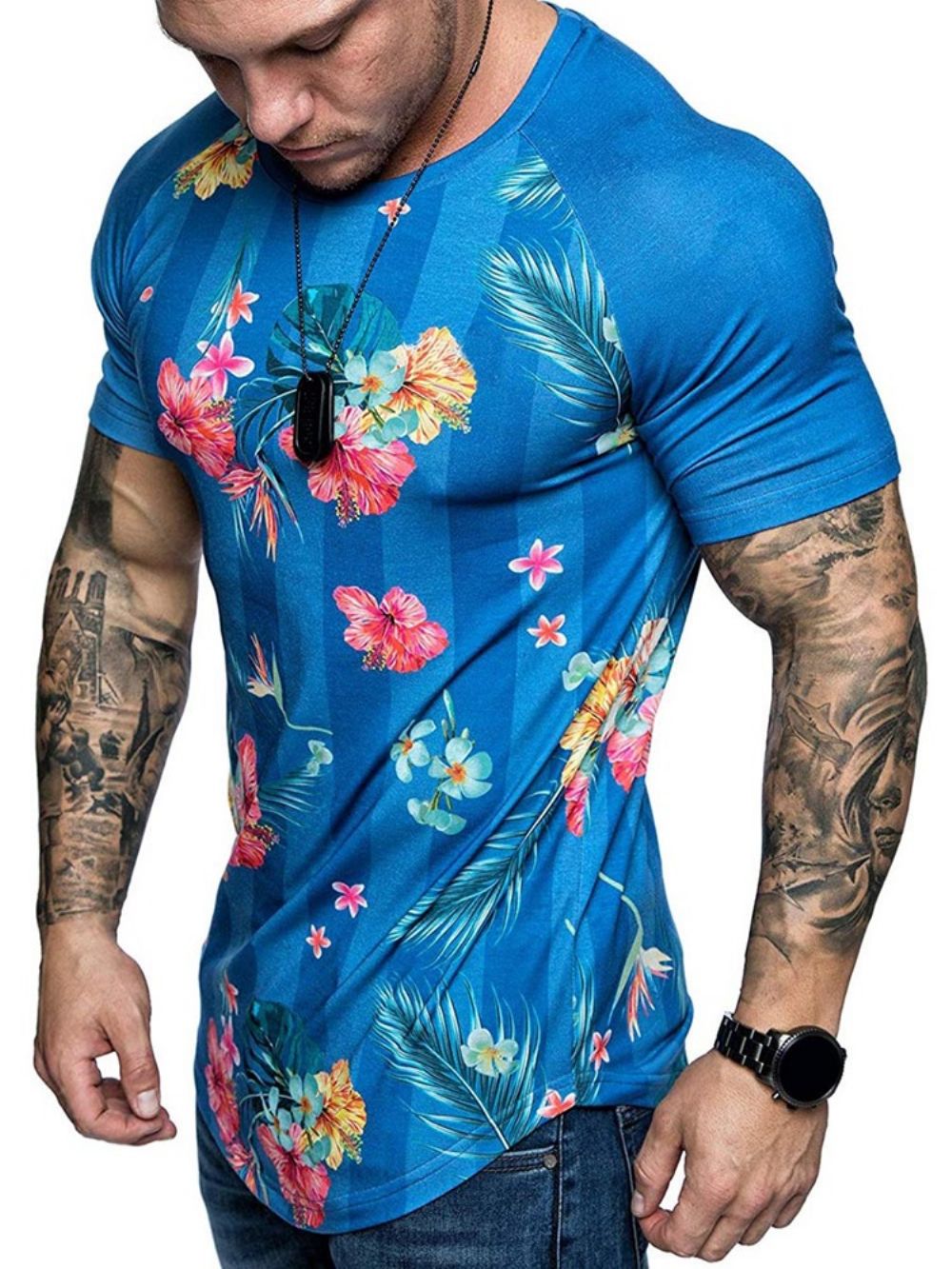 Camiseta Masculina Slim Com Estampa Floral Gola Redonda