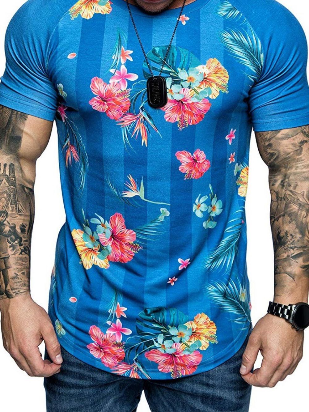 Camiseta Masculina Slim Com Estampa Floral Gola Redonda