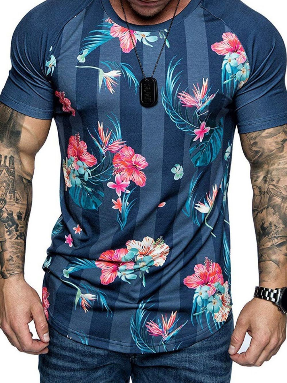 Camiseta Masculina Slim Com Estampa Floral Gola Redonda