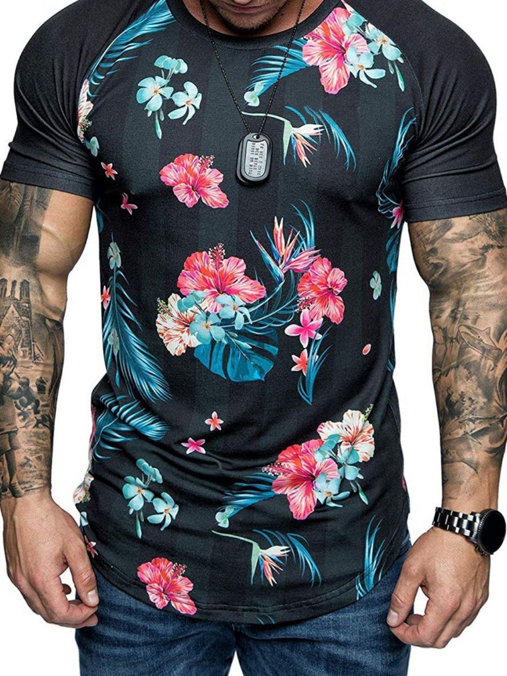 Camiseta Masculina Slim Com Estampa Floral Gola Redonda