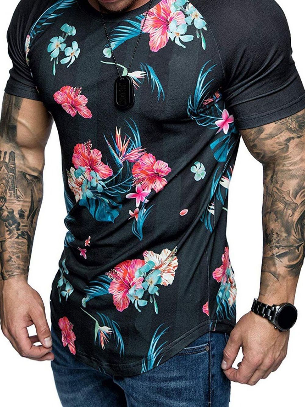 Camiseta Masculina Slim Com Estampa Floral Gola Redonda