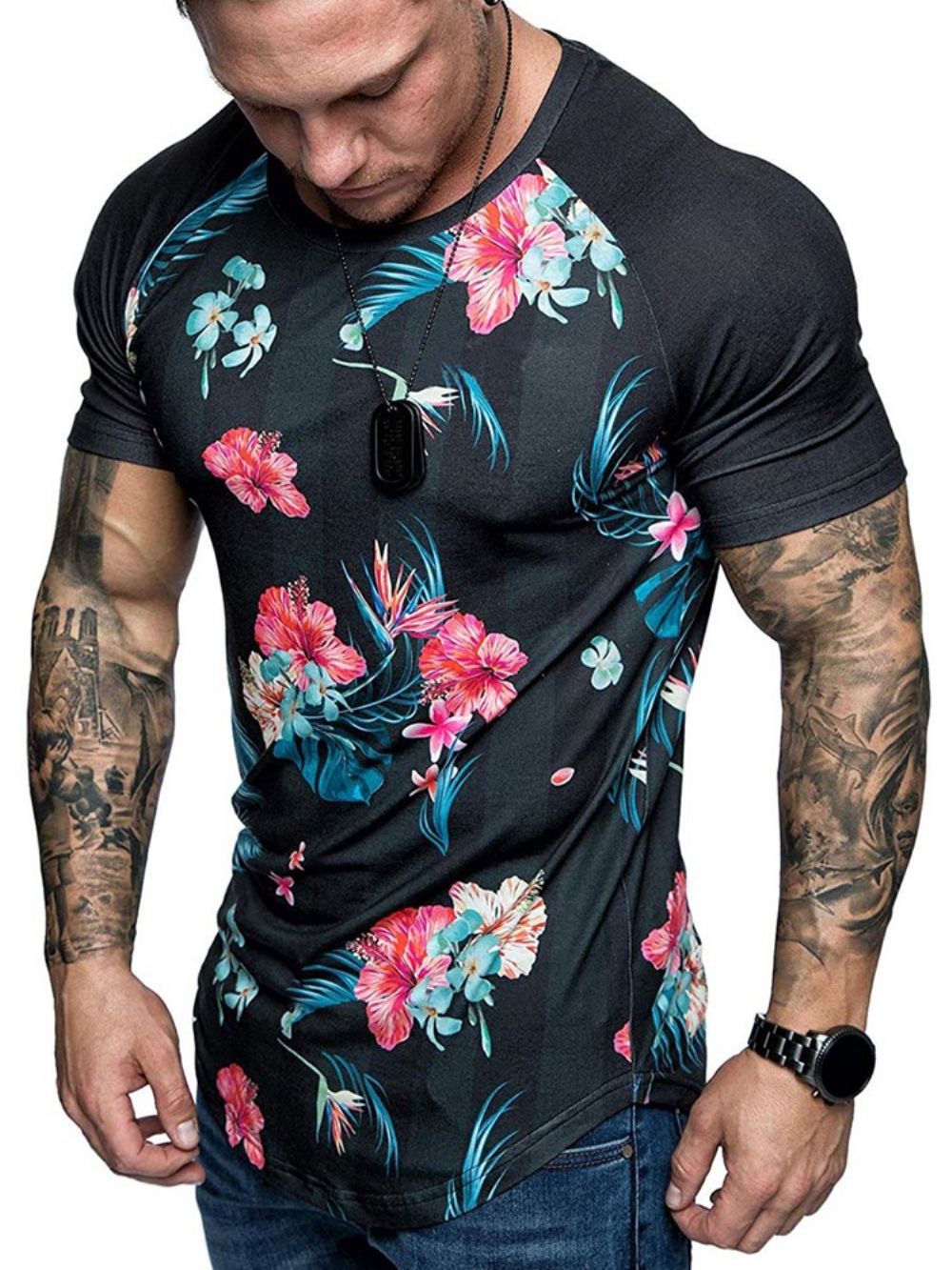 Camiseta Masculina Slim Com Estampa Floral Gola Redonda