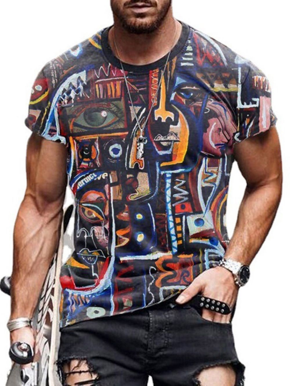 Camiseta Masculina Slim Manga Curta Estampada Gola Redonda