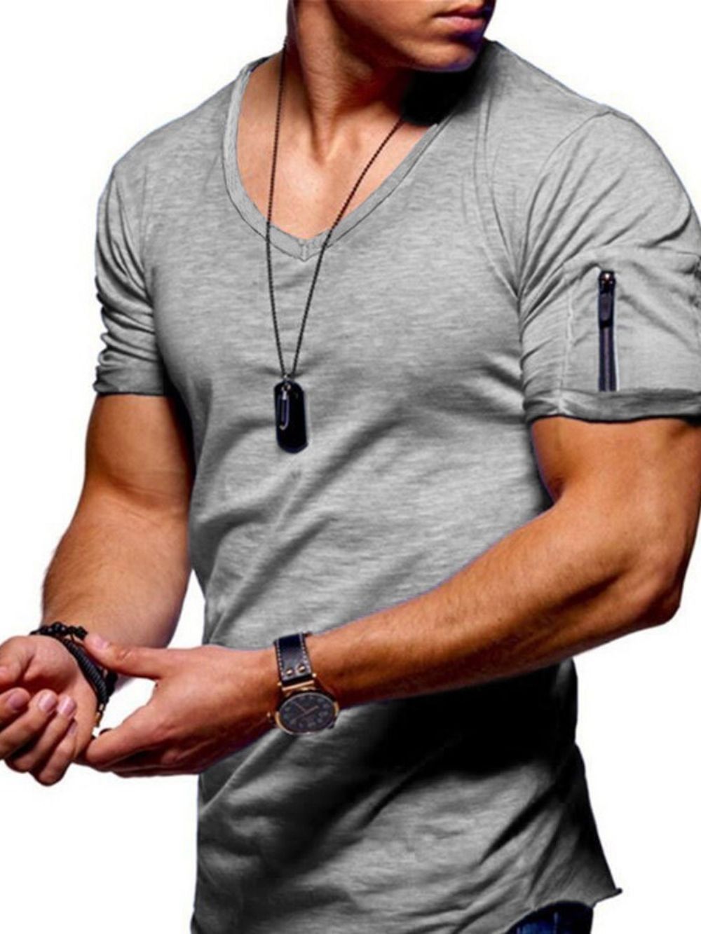 Camiseta Masculina Solta Com Decote Em V Simples E Zíper