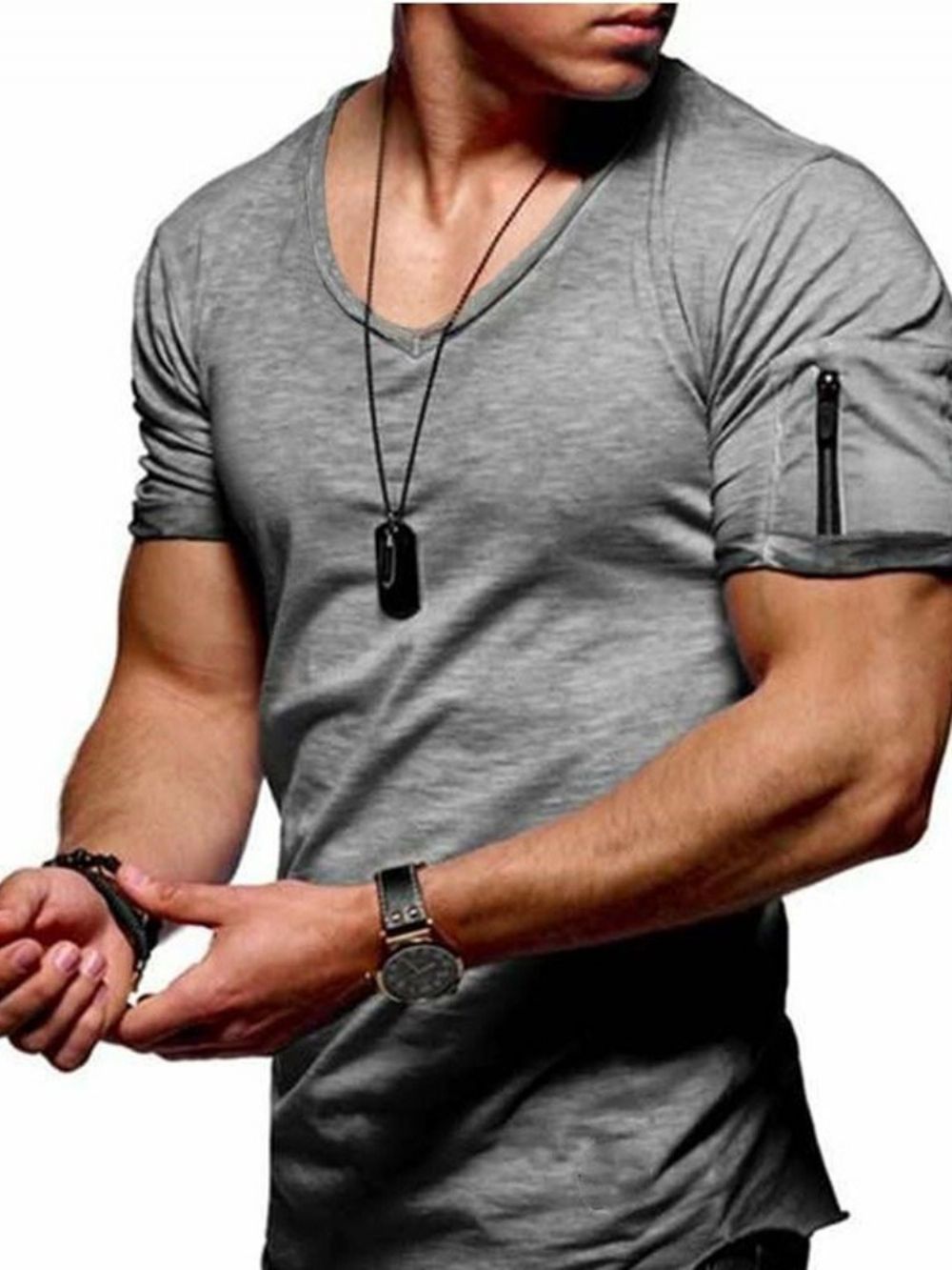 Camiseta Masculina Solta Com Decote Em V Simples E Zíper