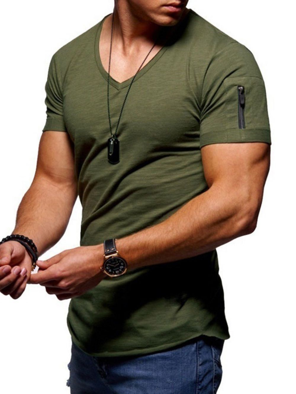 Camiseta Masculina Solta Com Decote Em V Simples E Zíper