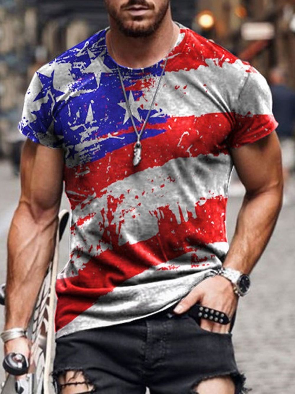 Camiseta Masculina Solta Com Estampa De Bloco Colorida Manga Curta Casual