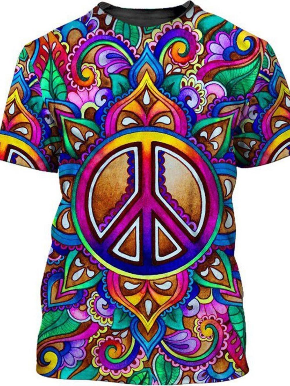 Camiseta Masculina Solta Floral Gola Redonda Patchwork Manga Curta