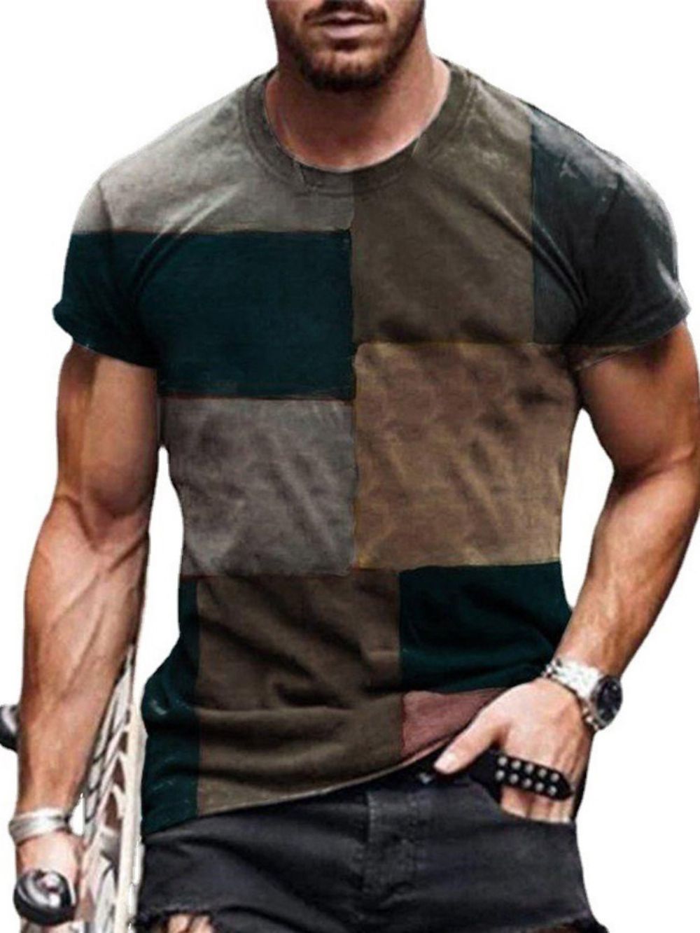 Camiseta Masculina Xadrez Casual Slim Manga Curta Estampada