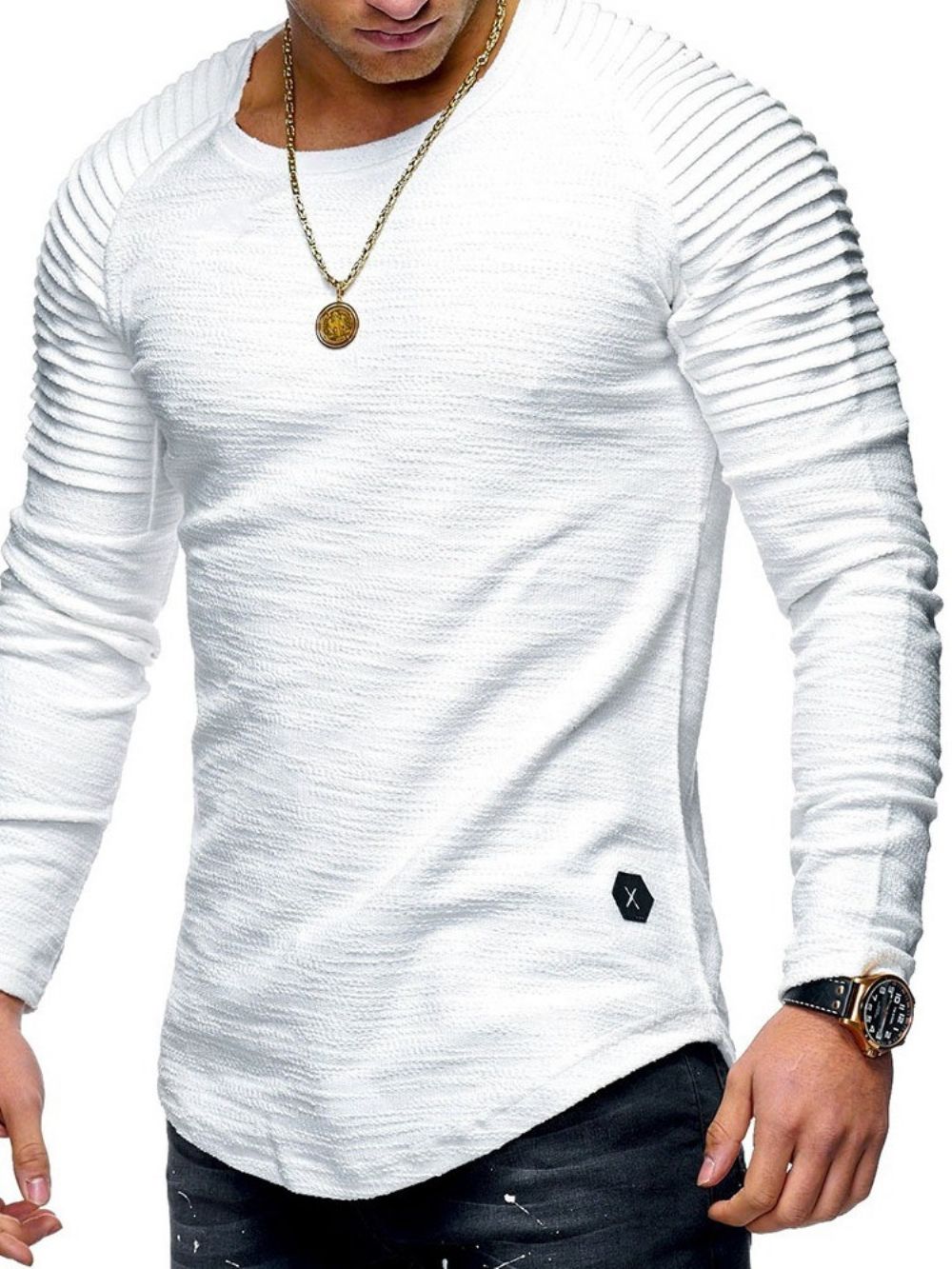 Camiseta Slim Plissada Simples Com Gola Redonda