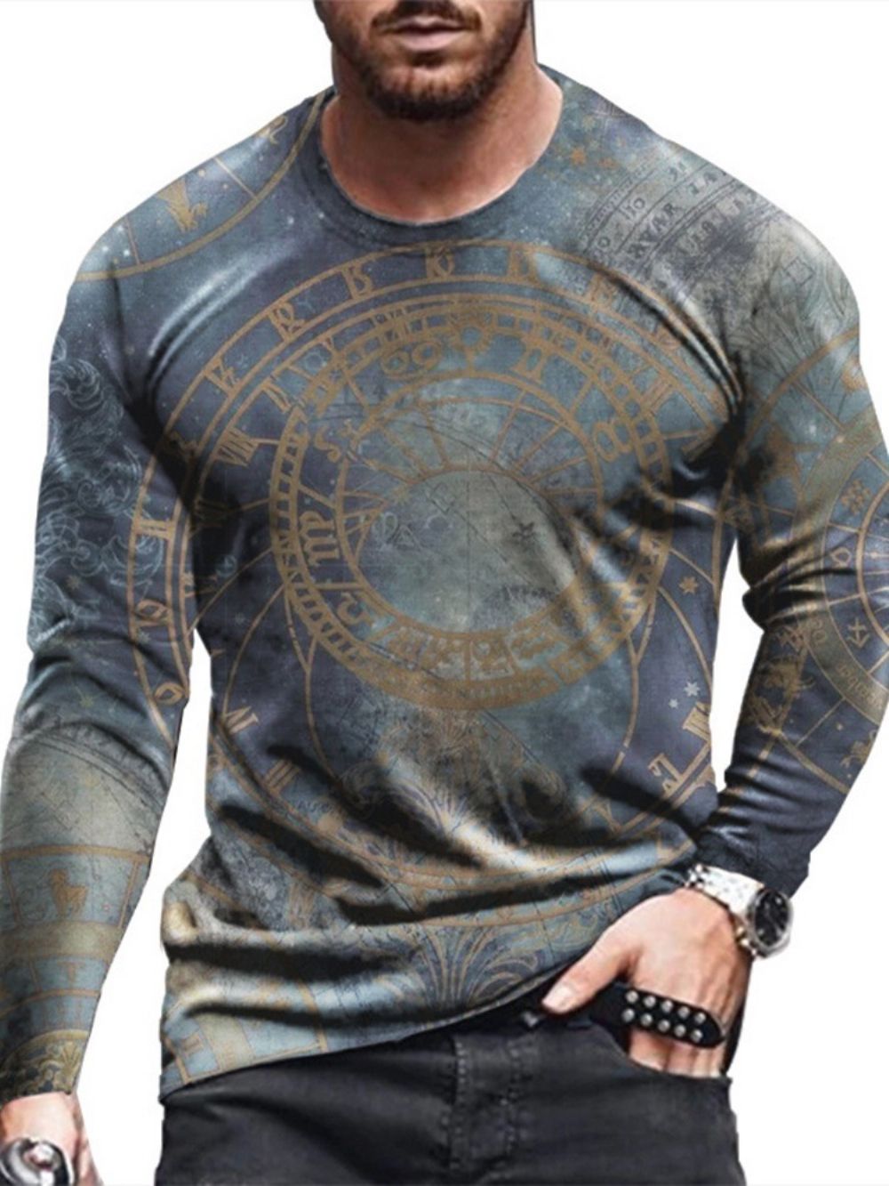 Moda Moda Casual Estampa Gola Redonda Manga Longa Masculina Slim T-Shirt