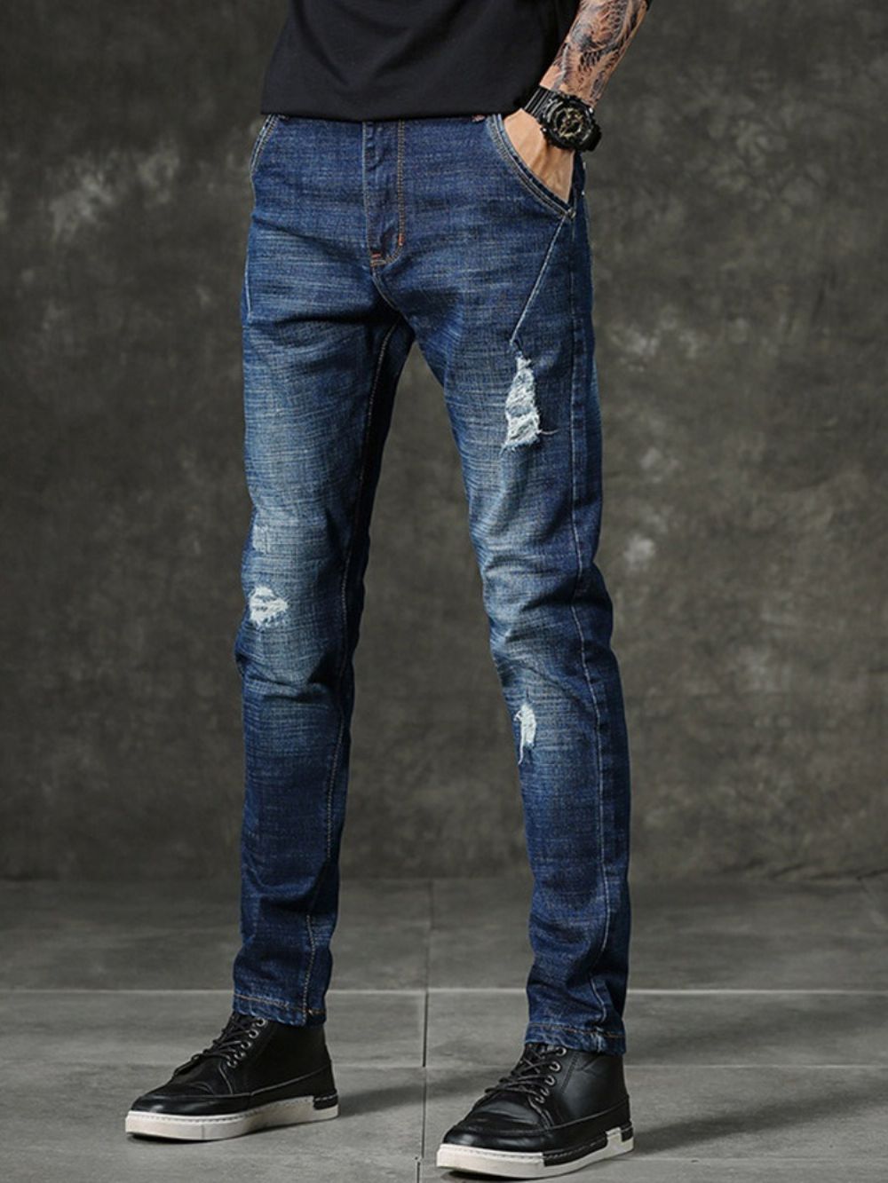 Calça Jeans Casual Hole Simples Zíper Cintura Média