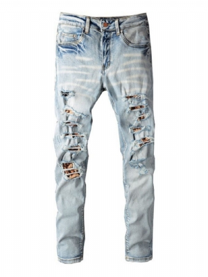 Calça Jeans Casual Hole Straight Zíper Cintura Média