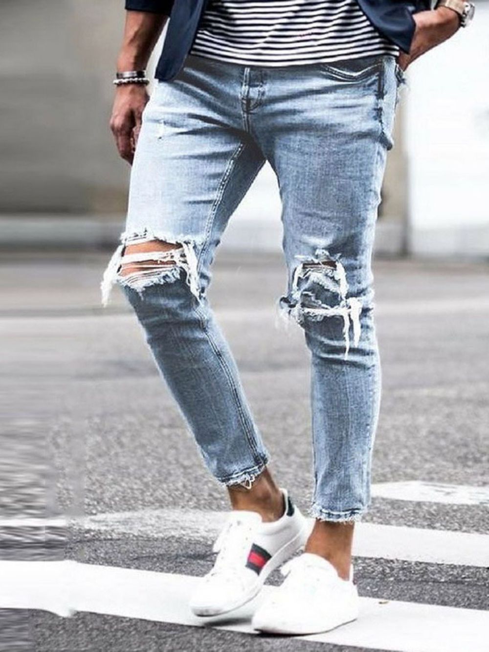 Calça Jeans Masculina Casuais Com Furo Cintura Média Cintura Média