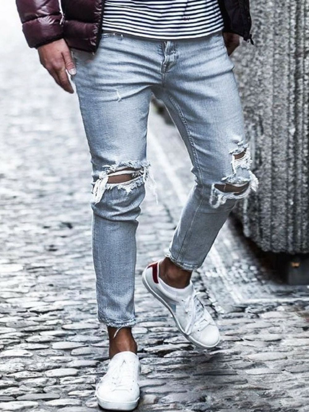 Calça Jeans Masculina Casuais Com Furo Cintura Média Cintura Média