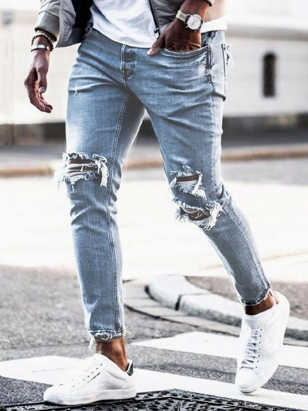 Calça Jeans Masculina Casuais Com Furo Cintura Média Cintura Média