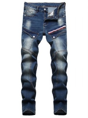 Calça Jeans Masculina Cintura Média Com Zíper Reto