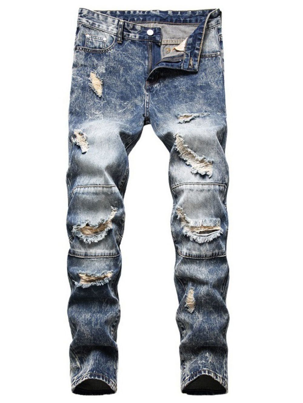 Calça Jeans Masculina Com Zíper E Cintura Média Com Furo Reto