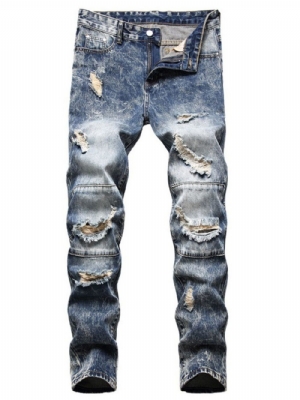 Calça Jeans Masculina Com Zíper E Cintura Média Com Furo Reto