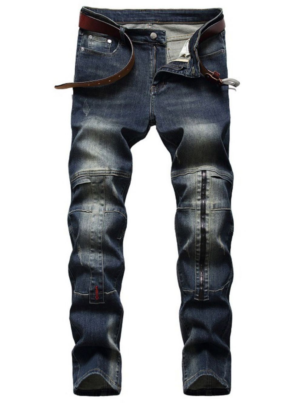 Calça Jeans Masculina Europeia Com Zíper Reto Patchwork